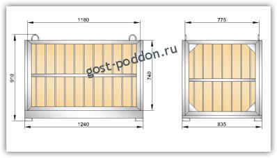 Габаритный чертеж поддона (контейнера для хранения) ГОСТ 21133-87 Чертеж 2 (УКС-ПЯ-2)